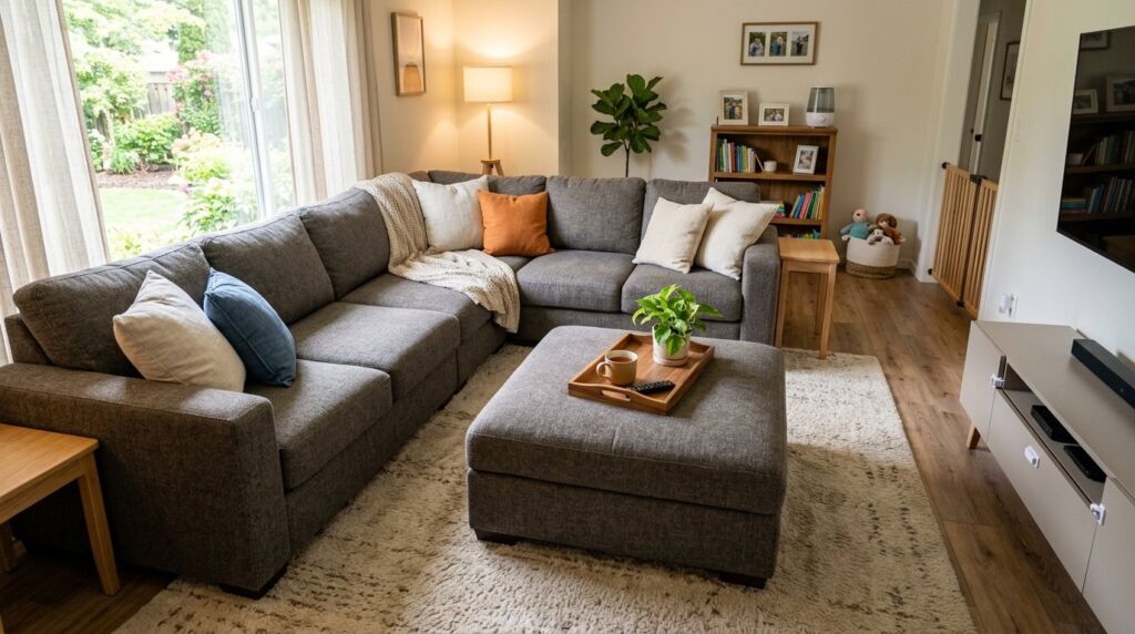 A large, comfortable sectional sofa styled in a cozy, modern family living room.