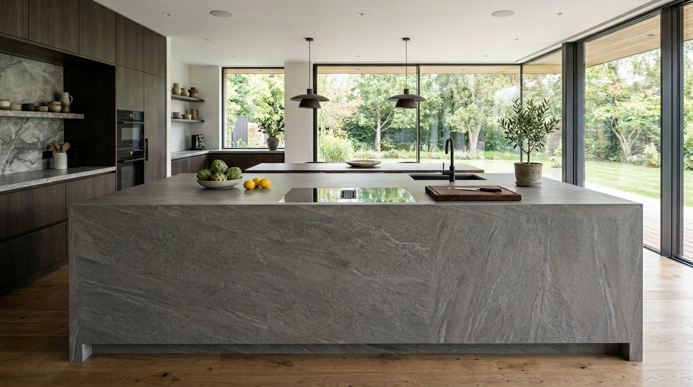 Spacious contemporary kitchen with a massive stone island and floor-to-ceiling windows looking out onto a green garden.