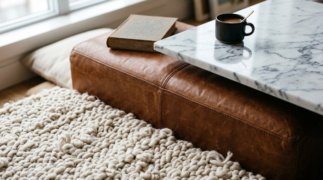 Close up of a brown leather footstool with a chunky knit blanket and a marble tray holding a cup of coffee.