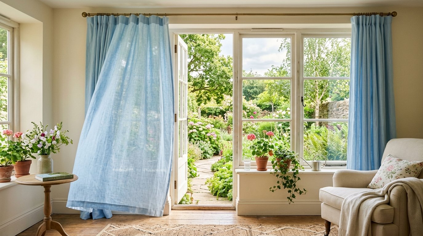 Open French door looking out onto a vibrant flower garden with light blue curtains blowing in the breeze.