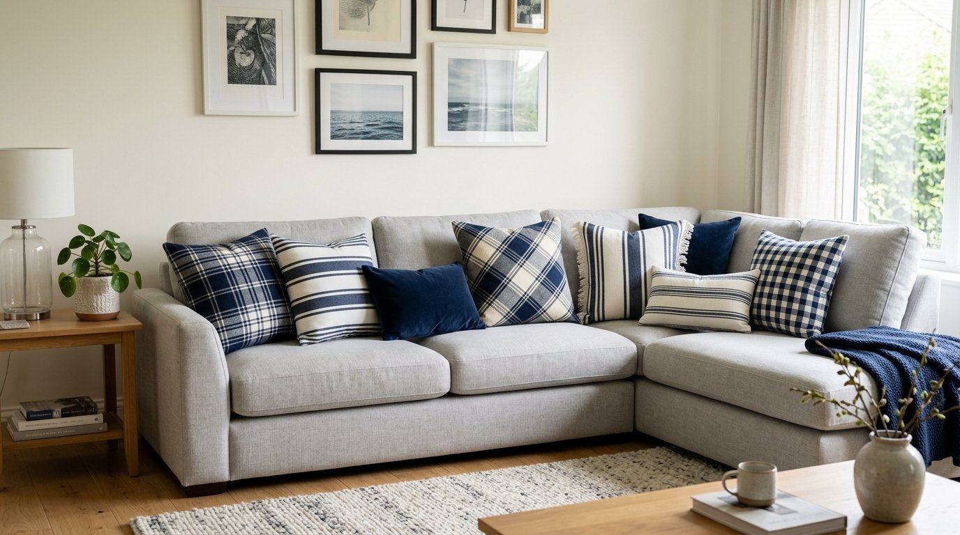 A light grey sectional sofa decorated with patterned navy blue and white pillows in a bright, modern living room.
