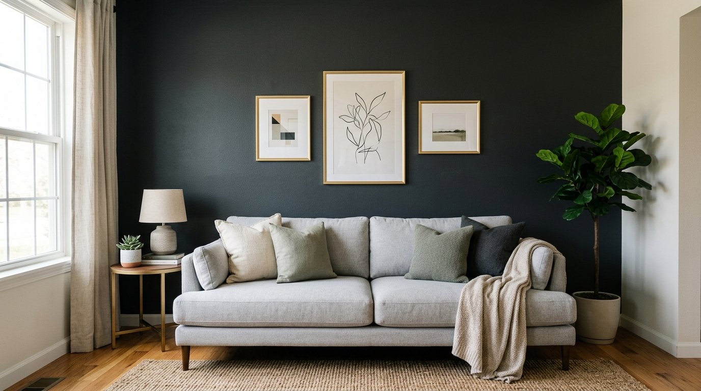 Modern living room featuring a light grey couch, throw pillows, and gold-framed wall art on a matte black background.