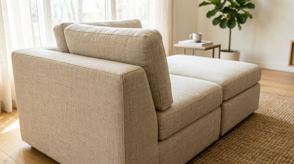 A comfortable light linen modular sectional sofa arranged in a spacious family living room.