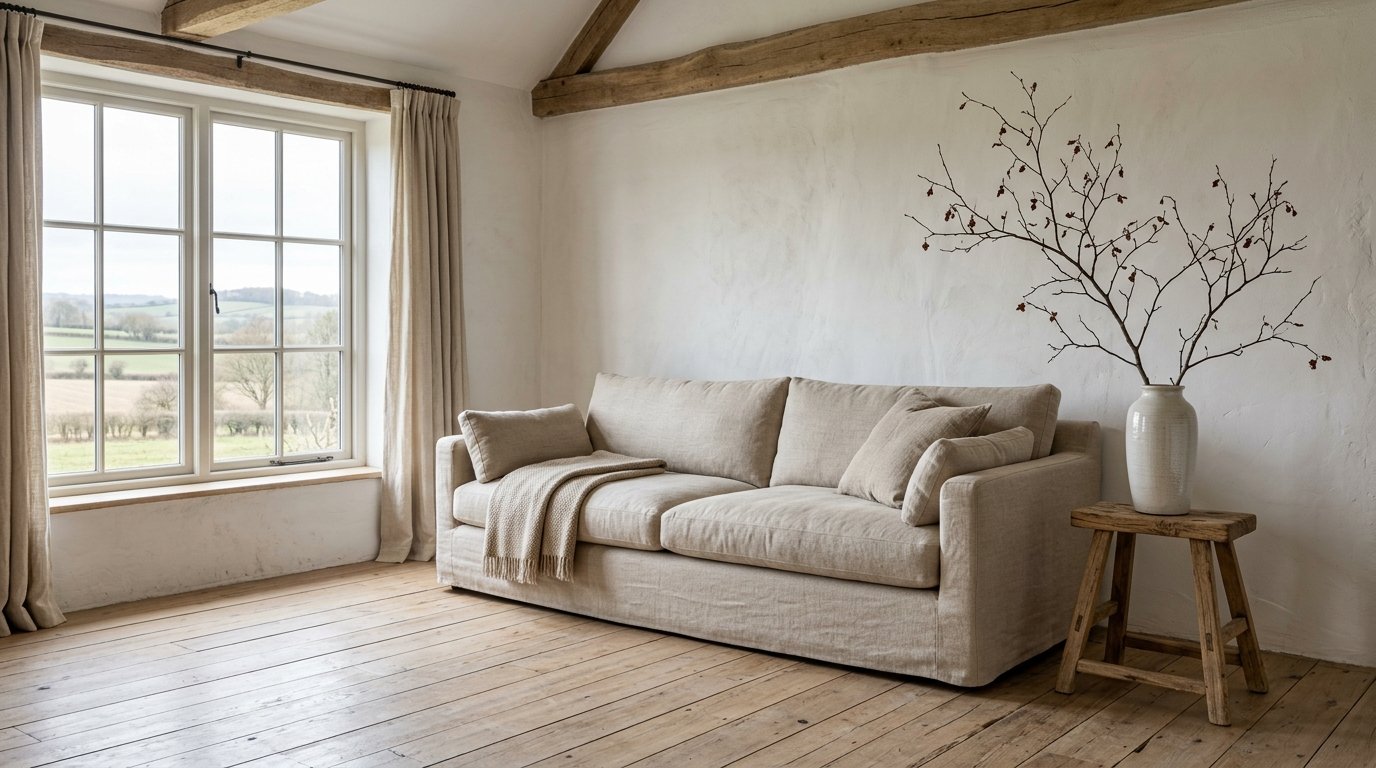 Neutral fabric couch with a throw blanket next to a wooden stool holding decorative branches.