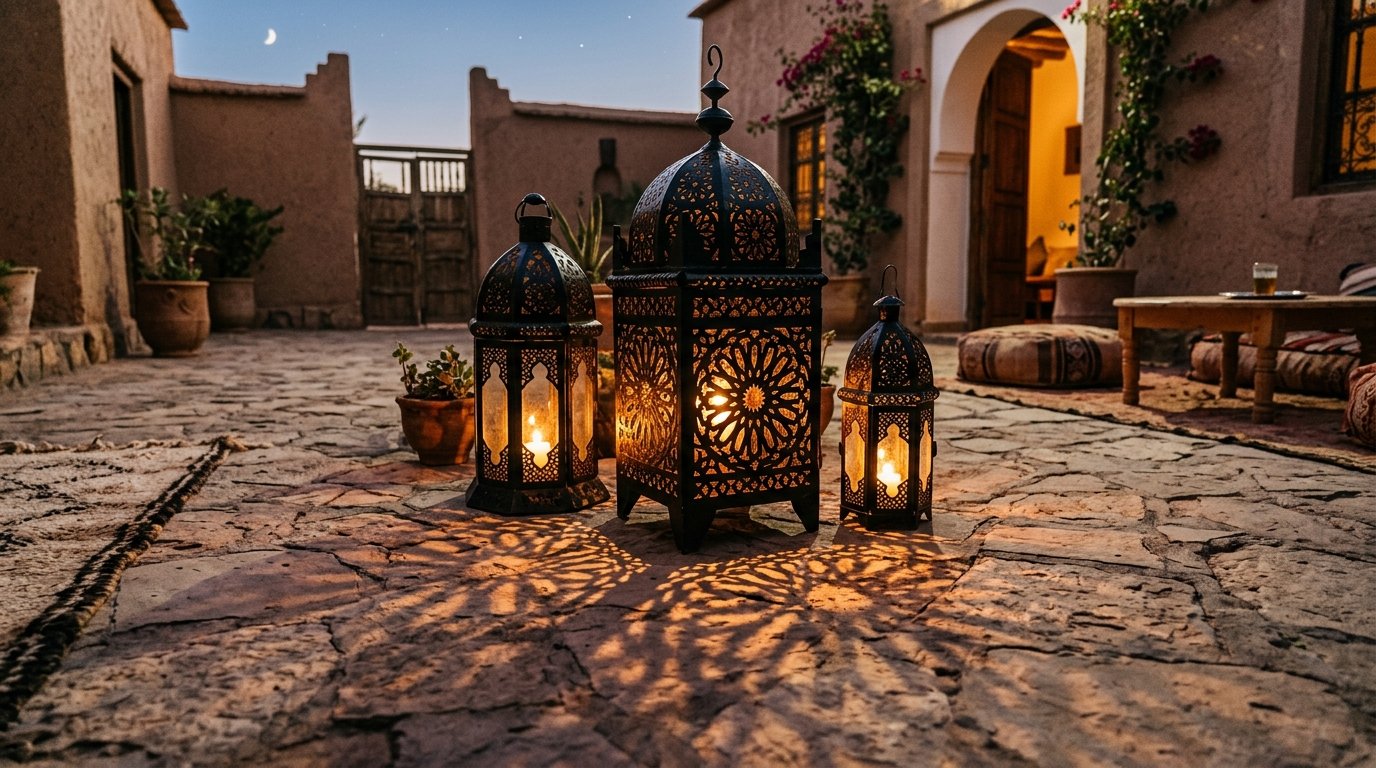 Decorative metal lanterns with intricate patterns cast warm light across a cobblestone patio at night.