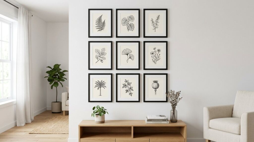 A stylish gallery wall featuring curated botanical prints arranged above a modern living room sofa.