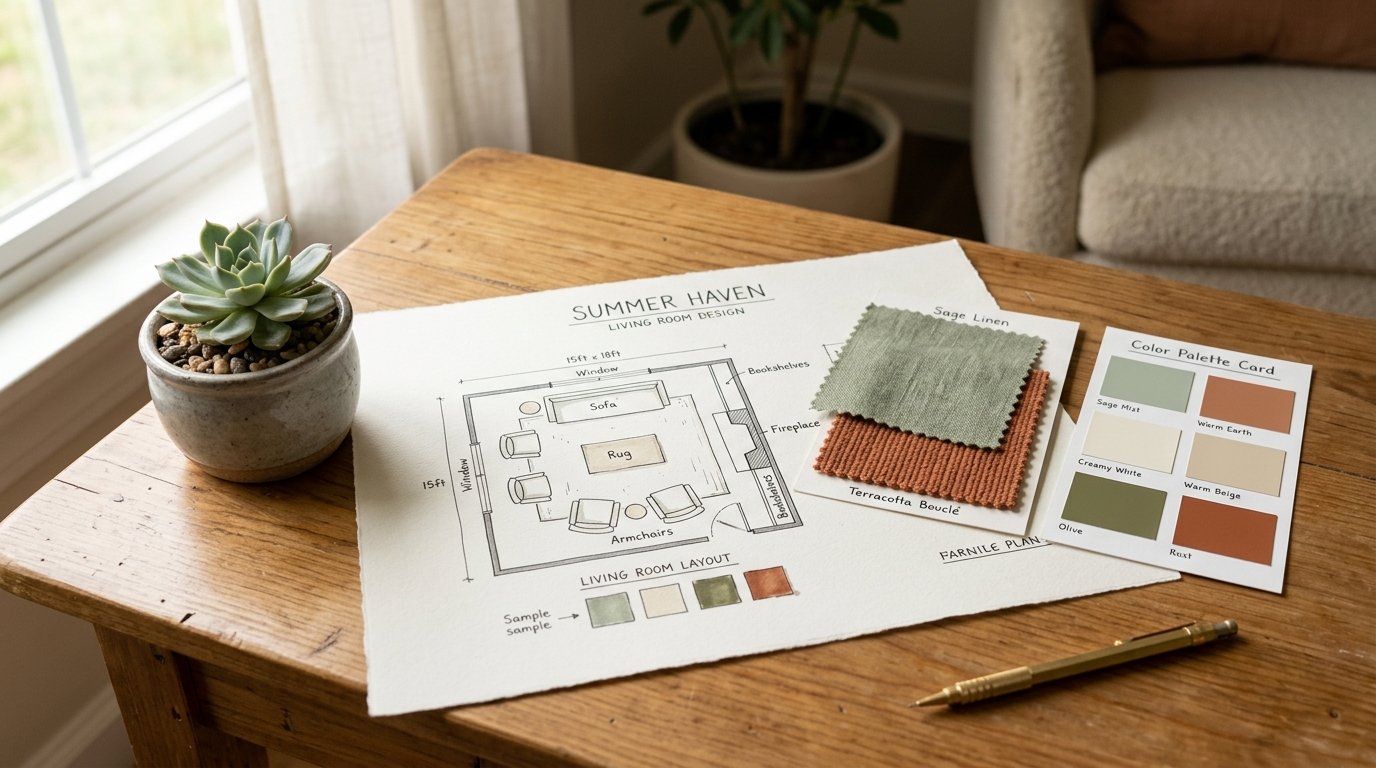 A floor plan layout for a living room with fabric swatches and a color palette card placed on a rustic desk.
