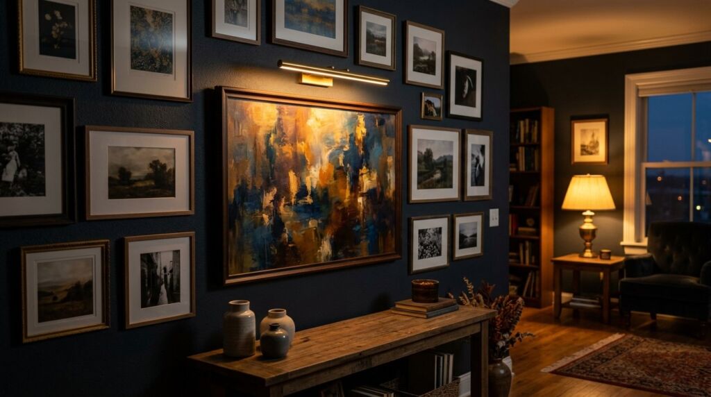 A beautifully curated gallery wall with framed art pieces above a modern living room sofa.