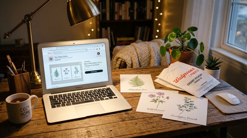A sleek desk with a laptop positioned under a modern gallery wall in a living room.