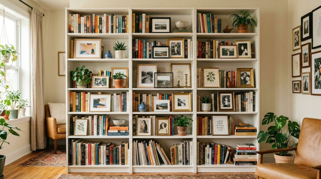 A curated gallery wall display placed above a white IKEA Billy bookshelf in a modern living room.