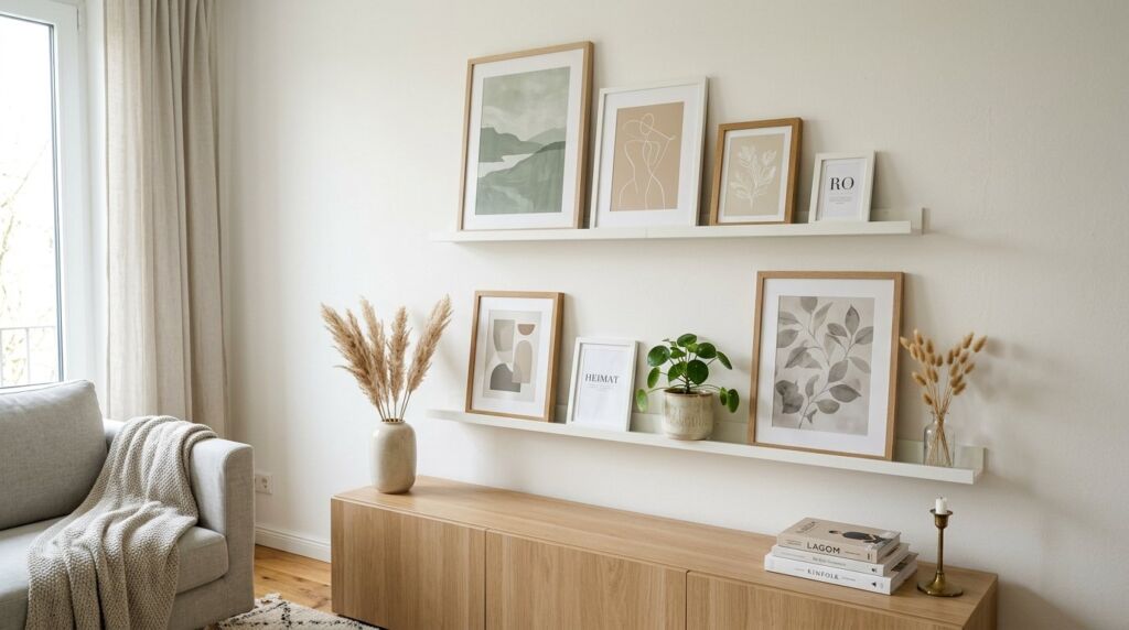 Two wall shelves displaying a curated gallery wall arrangement in a stylish living room.
