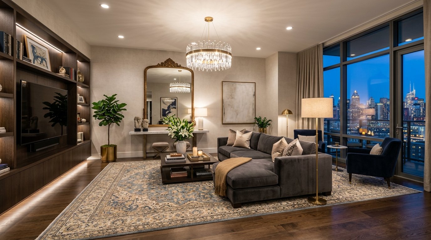 An elegant lounge with a grey sectional, vintage-style rug, and floor-to-ceiling windows showing a brightly lit urban view.