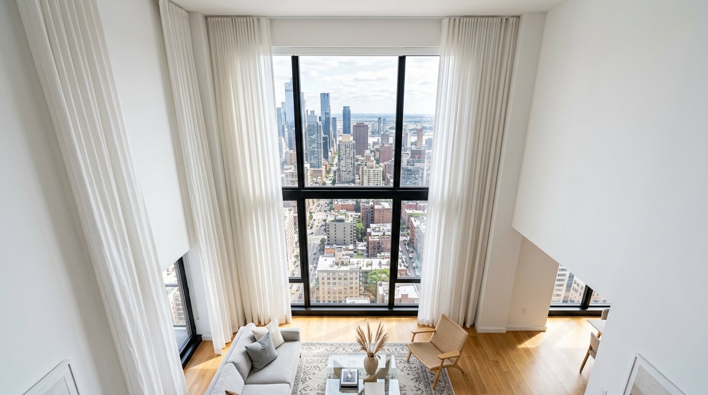 High angle view of a sunlit living room featuring floor to ceiling windows looking over a dense urban skyline.