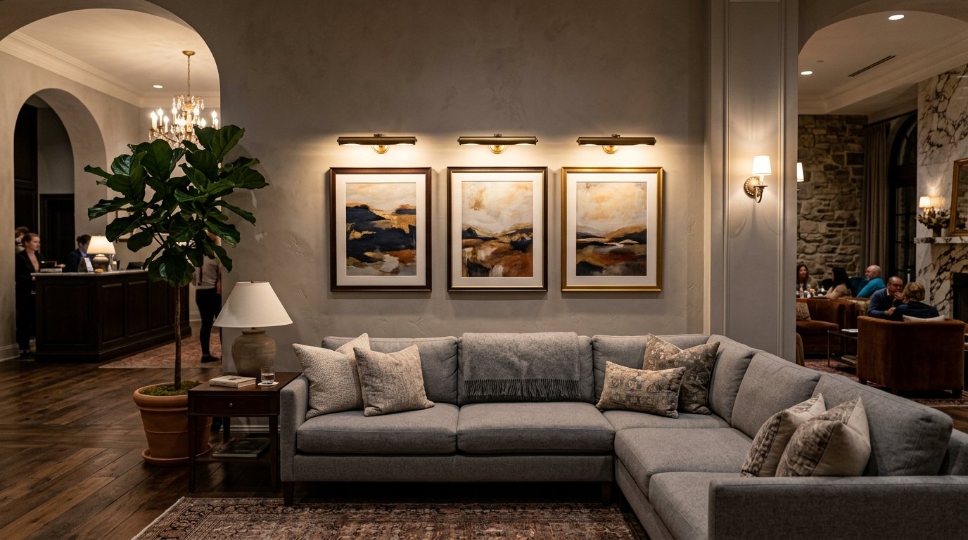 Modern grey sectional couch arranged beneath three framed abstract landscape paintings in a sophisticated lobby.