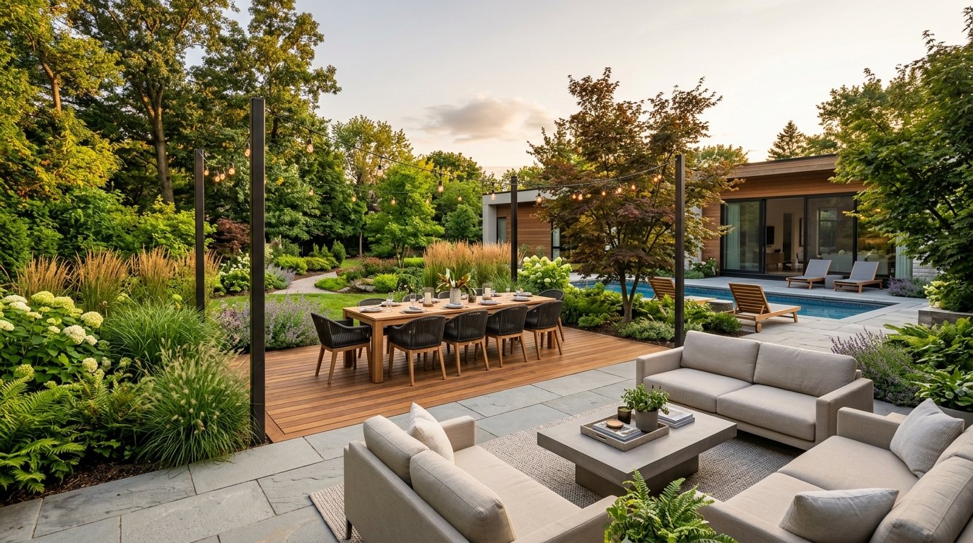 Modern stone patio with lounge furniture overlooking a wooden dining deck and swimming pool at sunset.