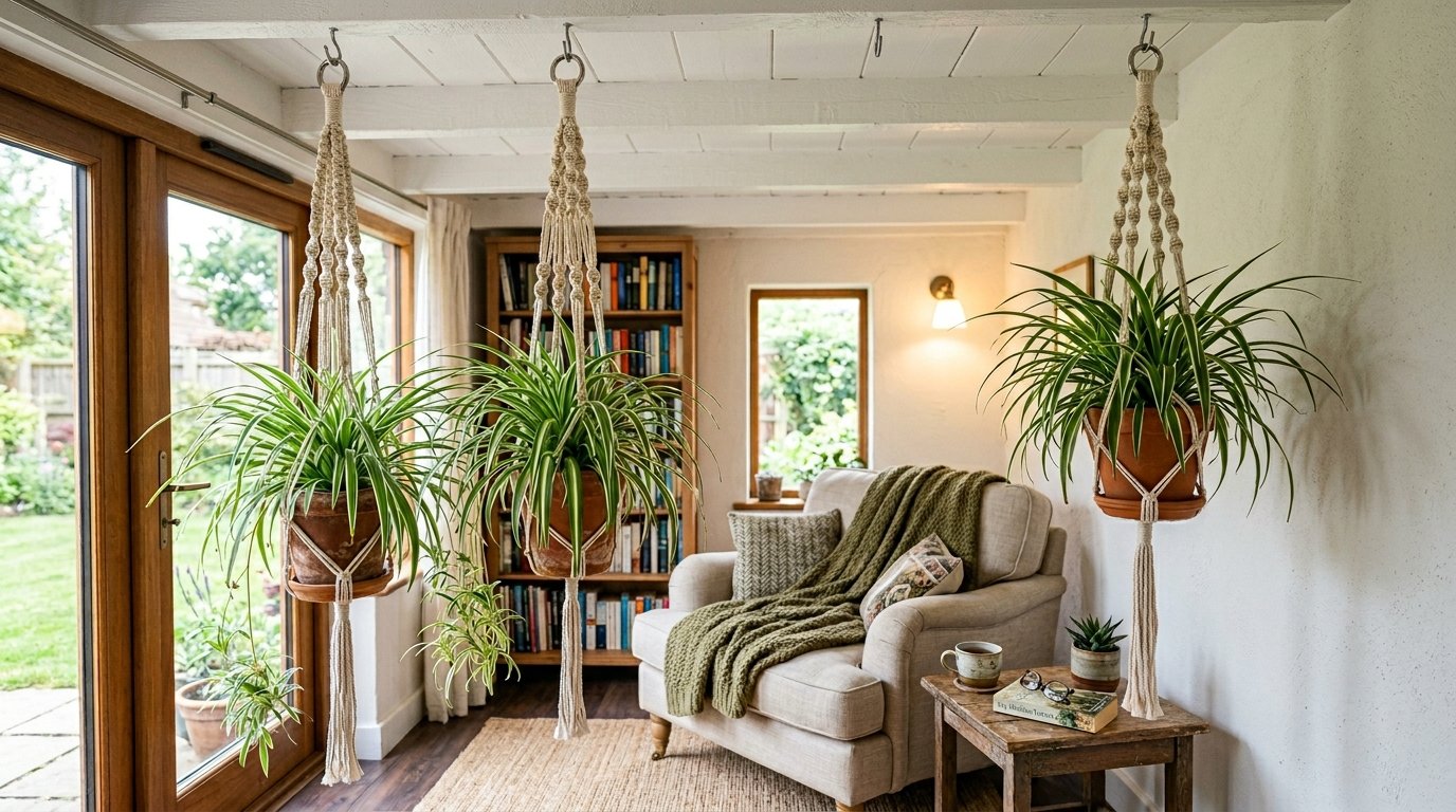 Spider plants in terracotta pots hanging from a white ceiling above an armchair and bookshelf.