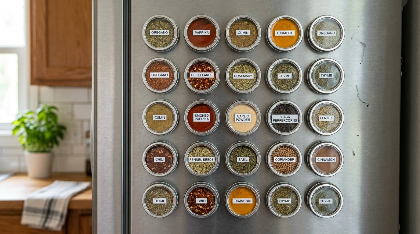 Round metal spice tins with labeled herbs and spices attached to a kitchen fridge