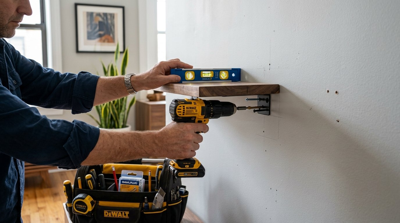A man using a yellow cordless drill and spirit level to mount a wooden shelf bracket on a white wall.
