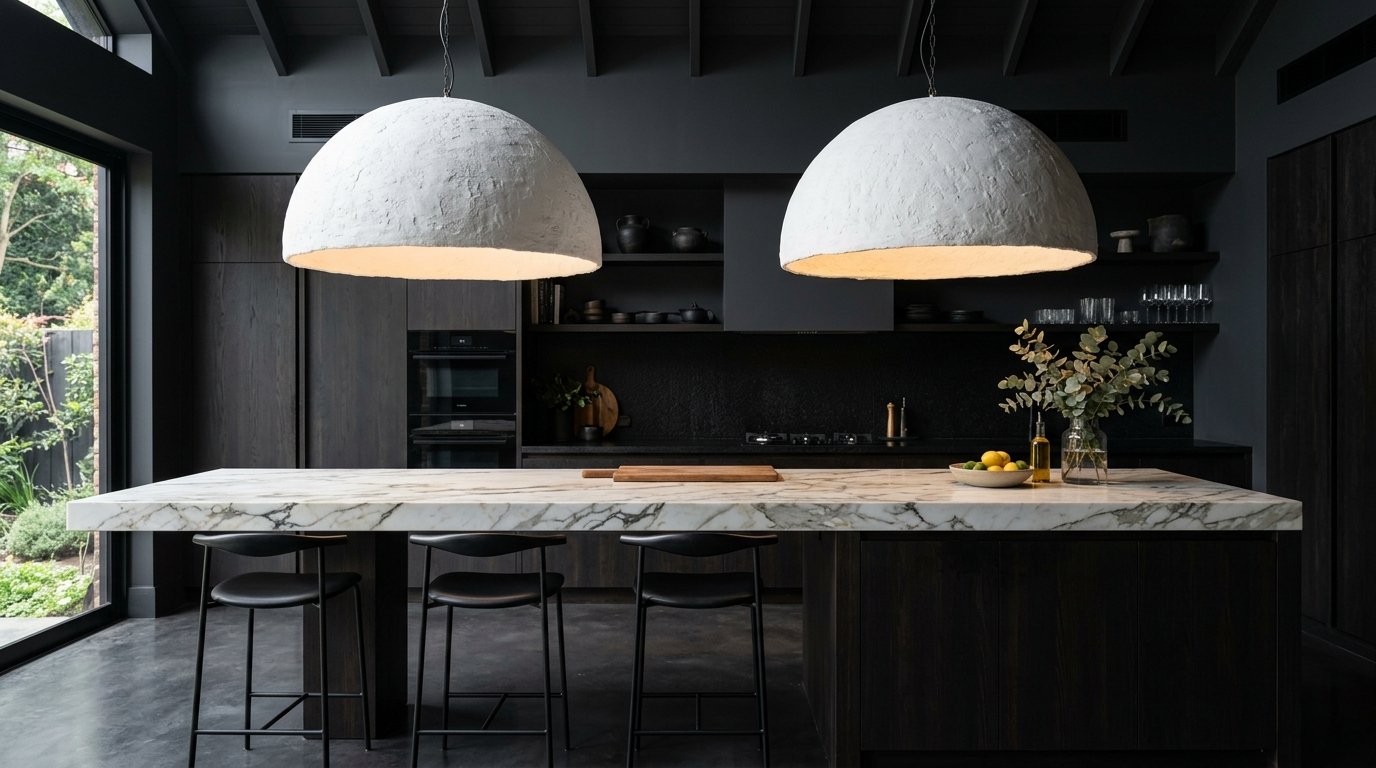 Modern dark kitchen with charcoal cabinetry and a white marble countertop island featuring two textured dome lamps.