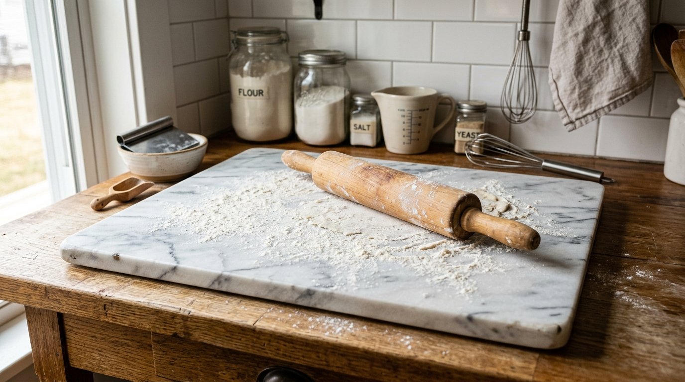 A wooden rolling pin sits on a marble slab covered in flour with baking ingredients in the background.