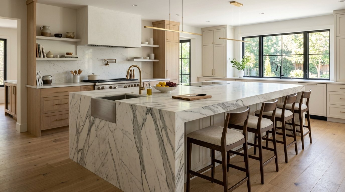 Modern kitchen with wood cabinetry, white marble countertops, and stools surrounding a large waterfall island.