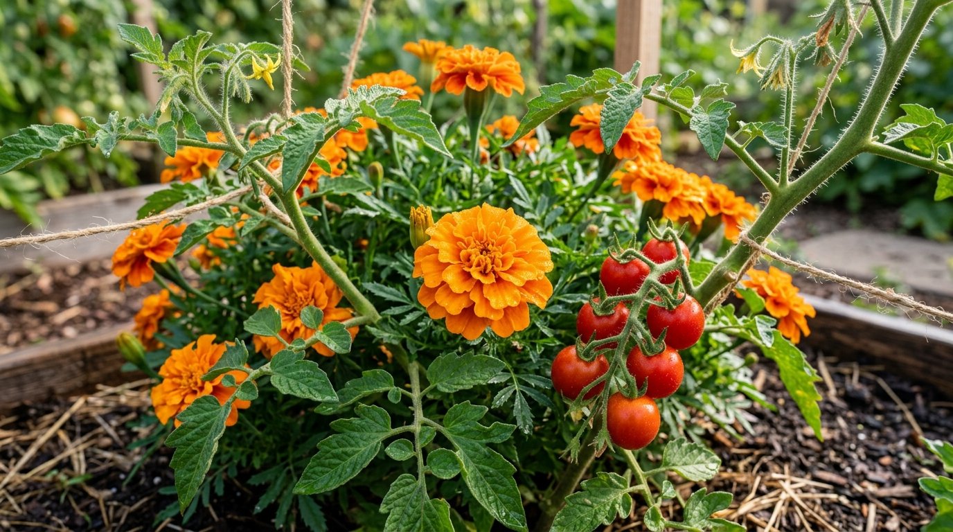 A cluster of red cherry tomatoes growing on a vine beside vibrant orange marigold blossoms in a garden bed.