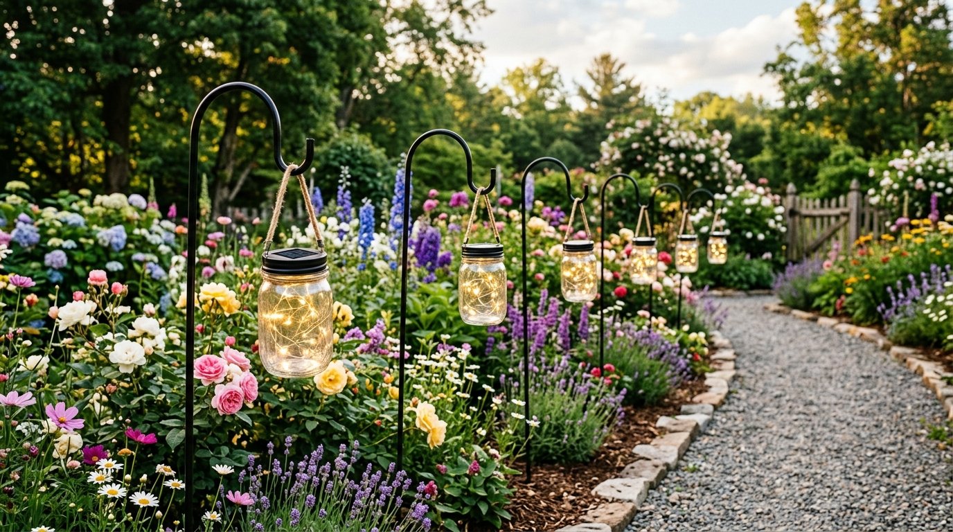 Decorative fairy light jars hanging on metal hooks along a blooming flower bed by a stone walkway.