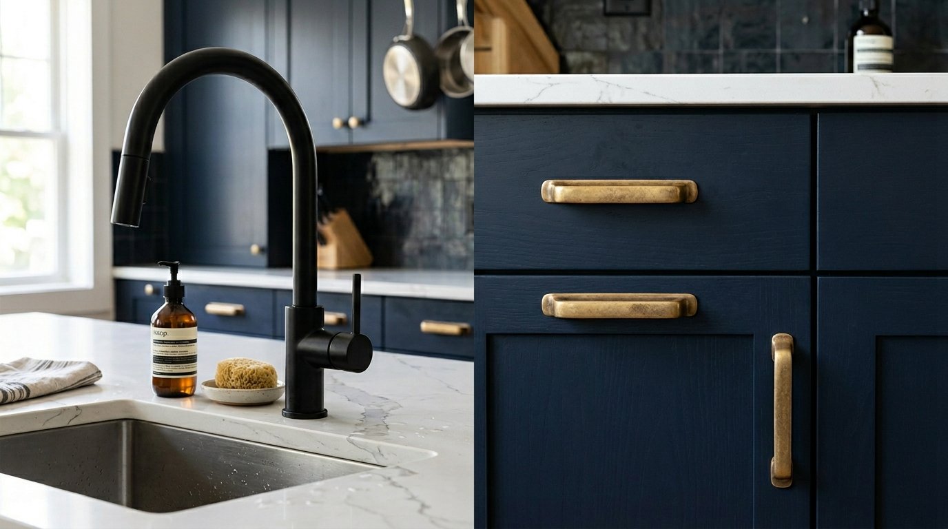 Close-up of a kitchen sink area featuring a matte black faucet, marble countertops, and dark blue cabinets with brass pulls.