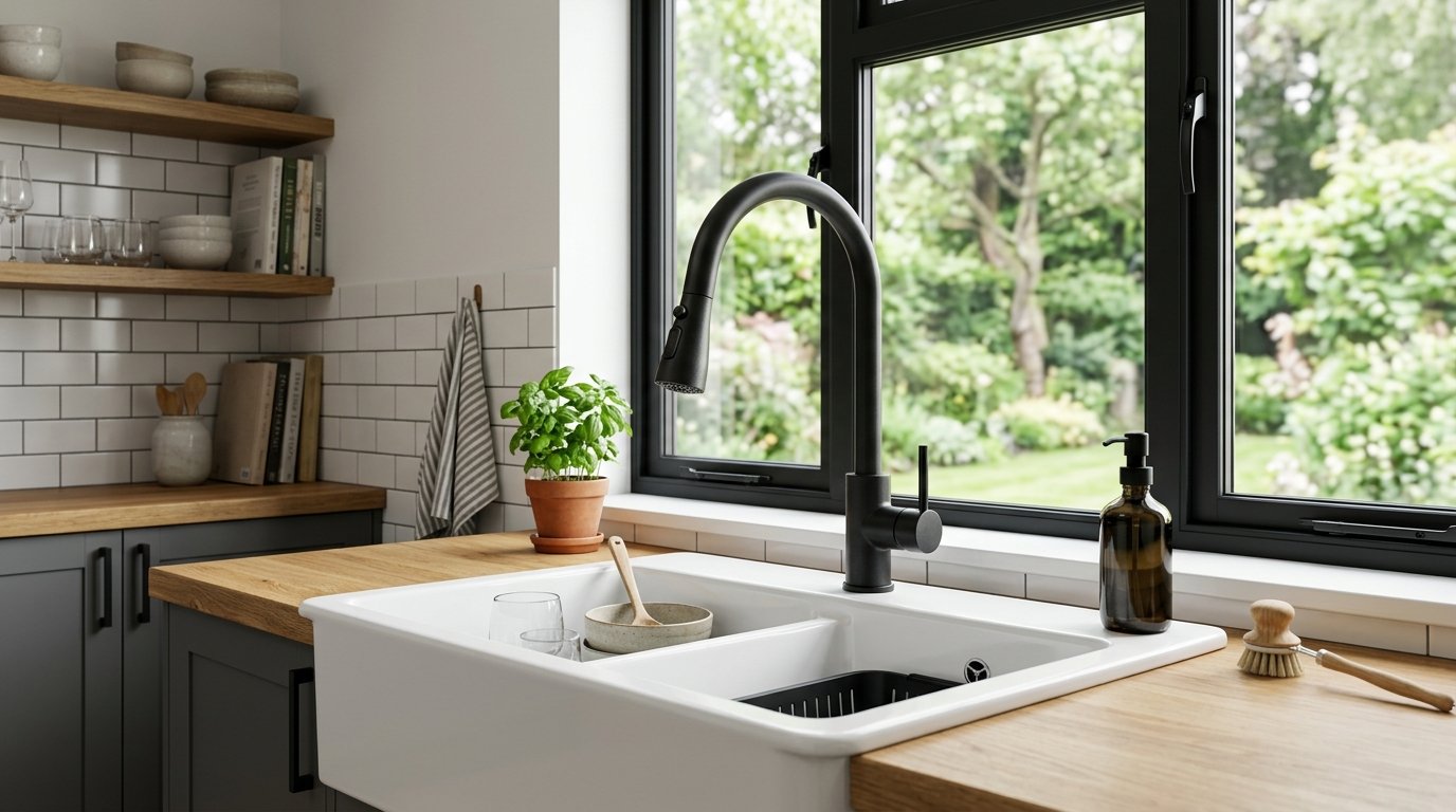 A white farmhouse sink sits under a window with a black faucet, basil plant, and wooden countertops.