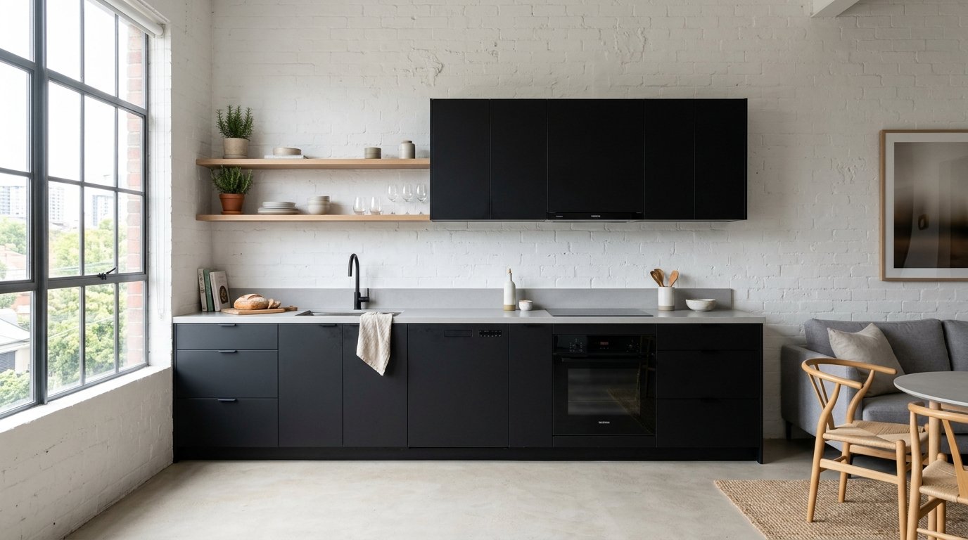 Modern kitchen with matte black cupboards, open wooden shelving, and a grey countertop by a large window.