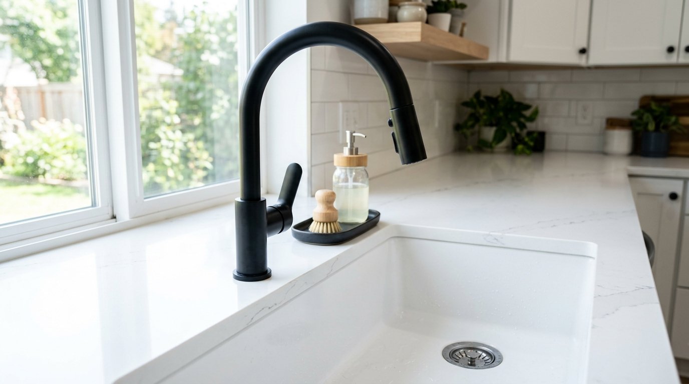 Modern black gooseneck faucet standing next to a soap dispenser and scrub brush on a white marble sink deck.