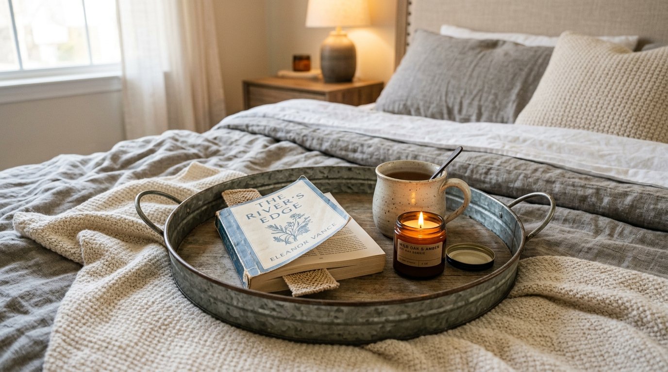 A galvanized metal tray on a bed features a book, a speckled coffee mug, and a lit amber candle.