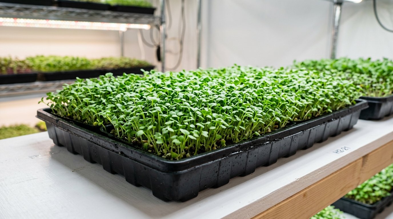 Close-up of fresh green sprouts planted in a black plastic seedling tray on a wooden shelf.