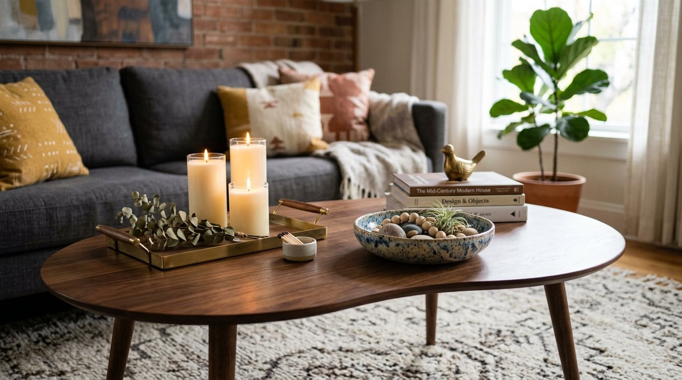 Modern oval wood coffee table with lit candles, a ceramic bowl, and stacked design books in a living room.