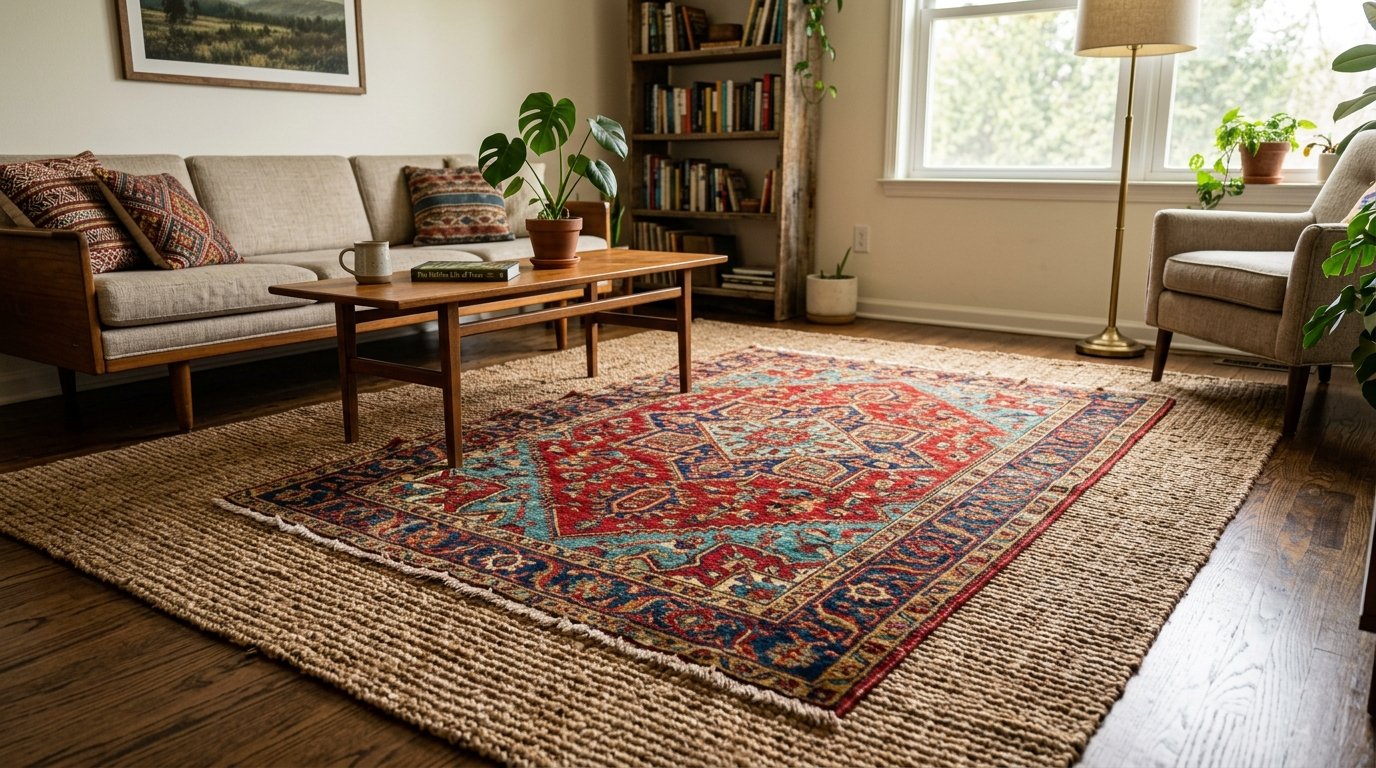 A colorful Persian-style rug placed over a large woven jute area rug in a cozy living room.