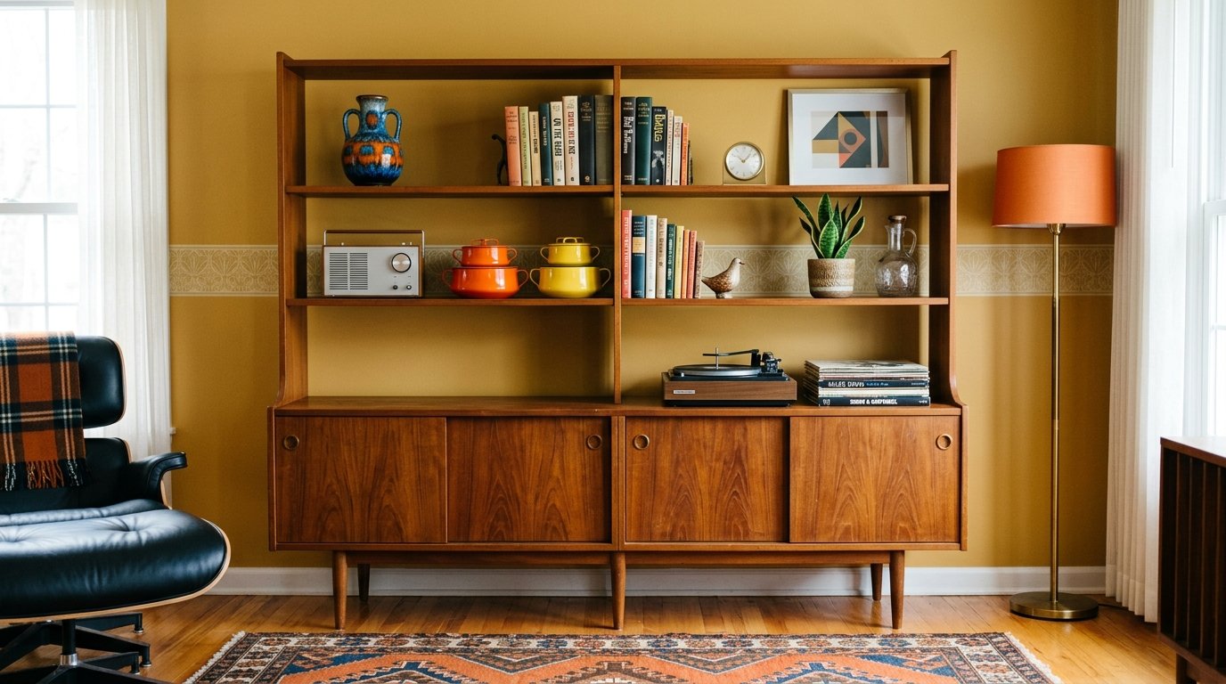 Wooden mid-century modern shelving unit against a mustard wall holding books, ceramics, a record player, and indoor plant.