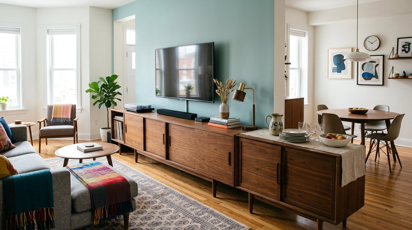 Spacious living room featuring wooden storage consoles, a flat-screen TV on a blue wall, and a dining area in the back.