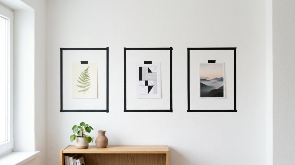 A clean white wall styled with a curated gallery wall in a bright modern living room.