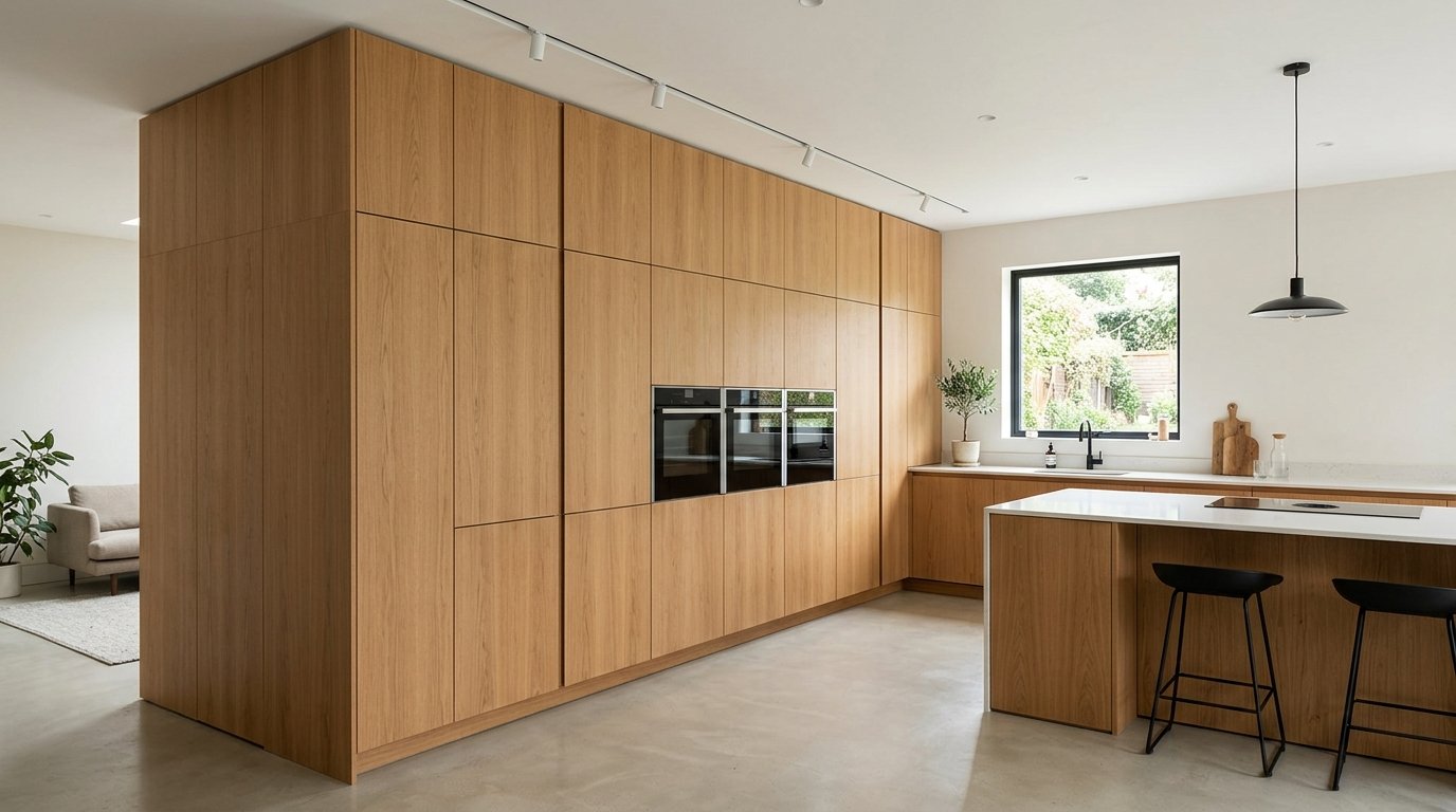 A bright contemporary kitchen featuring large wood veneer wall cabinets, black built-in ovens, and a white countertop island.