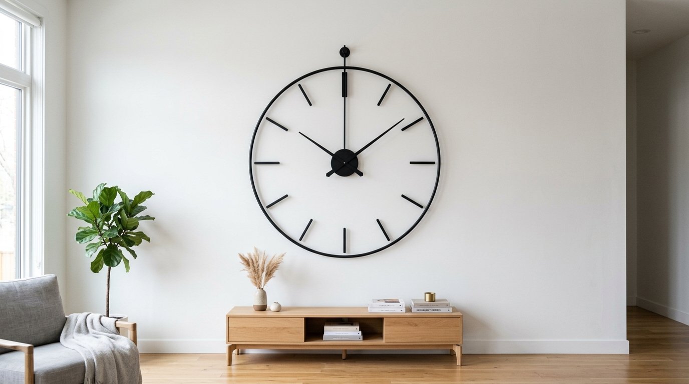 Modern living room interior with a giant black circular wall clock above a wooden media console.