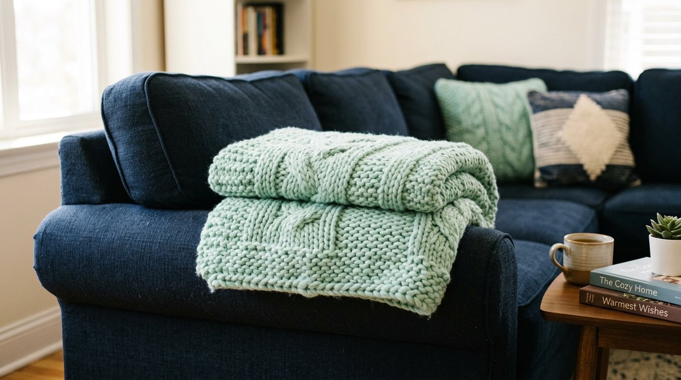 Folded soft mint-colored cable knit throw blanket resting on the arm of a dark blue couch next to a side table.