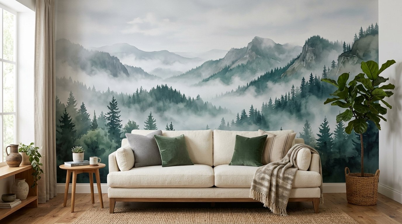 A beige couch sits in front of a wall featuring a painted mountain landscape with evergreen trees and fog.