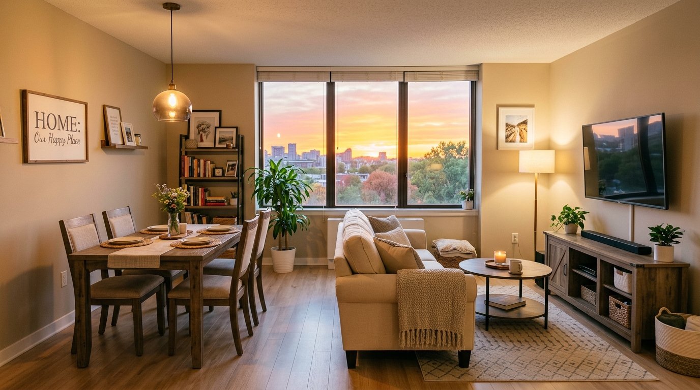 Warmly lit living area with a beige sofa, wooden dining set, and large window looking out onto a colorful urban sunset.