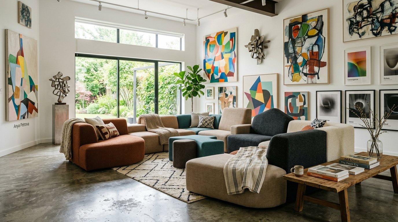 Bright living room with modular sofas, a patterned rug, and multiple pieces of abstract art on white walls.