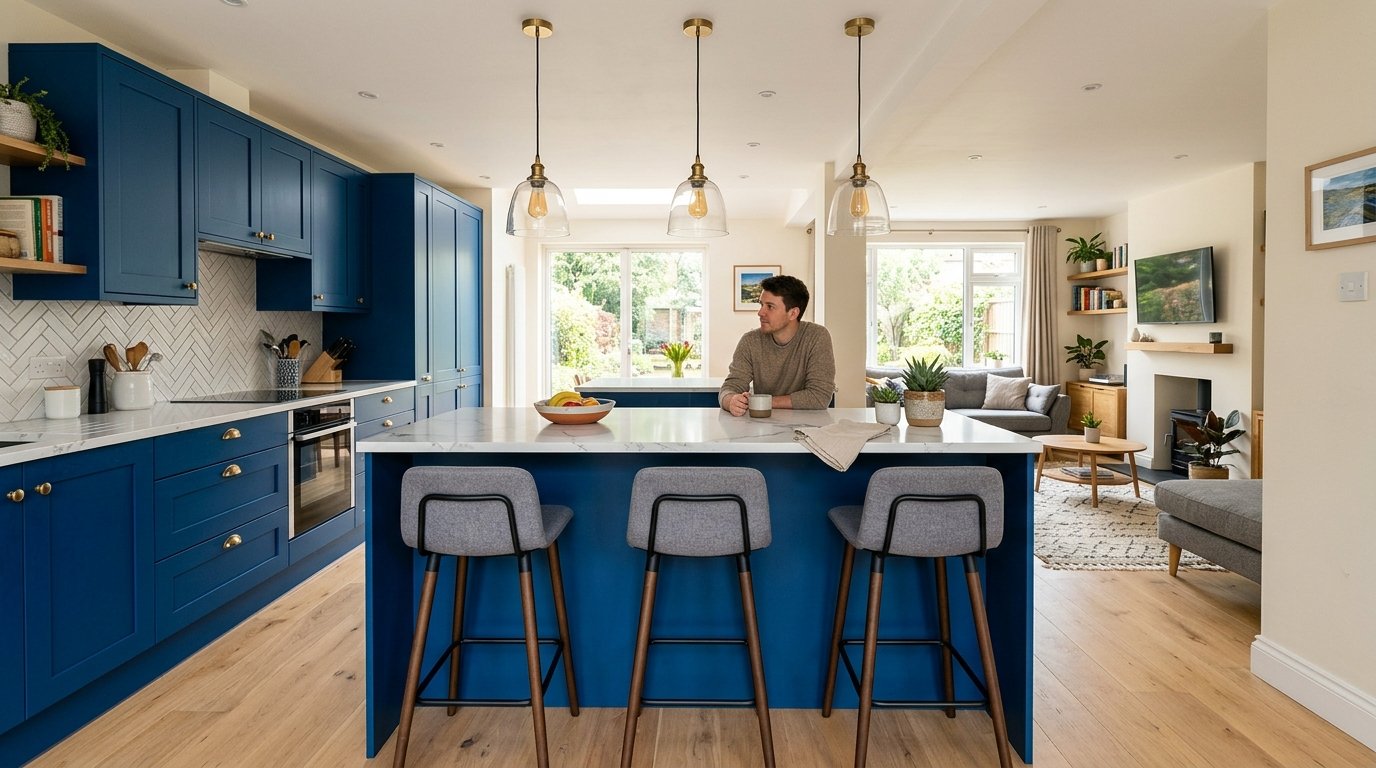 A man sits at a marble-topped kitchen island with blue cabinets and grey upholstered bar stools.