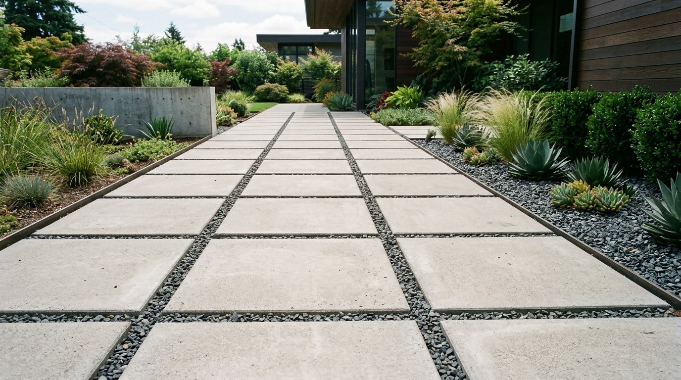 Large square concrete pavers separated by dark gravel strips in a landscaped residential garden.