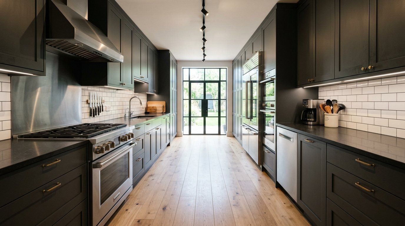 Narrow galley kitchen with matte charcoal cabinets, white subway tiles, and stainless steel appliances.