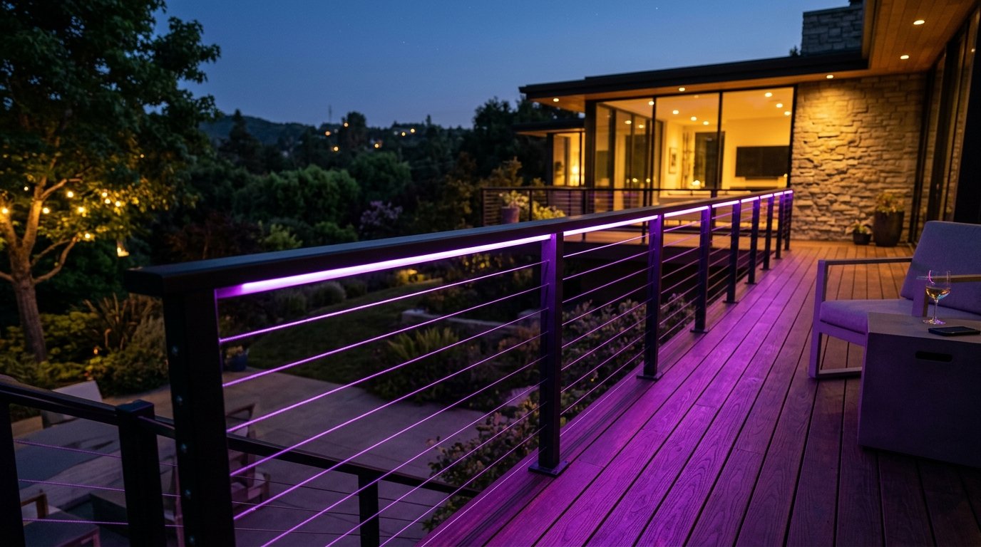 A wooden terrace featuring a sleek black metal railing with glowing purple LED strip lighting.