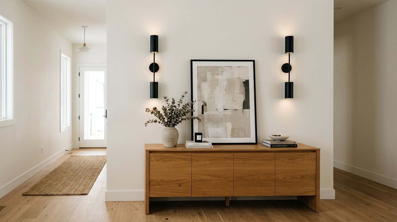 A wooden console table with a vase, books, and artwork sitting between two black modern wall lamps in a bright hallway.