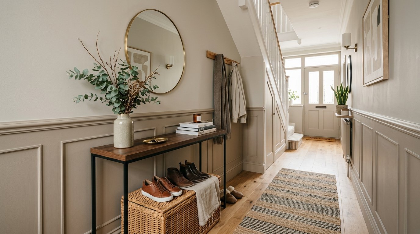 A beige-walled hallway with a wooden console table, wicker storage chest, round gold mirror, and shoes.